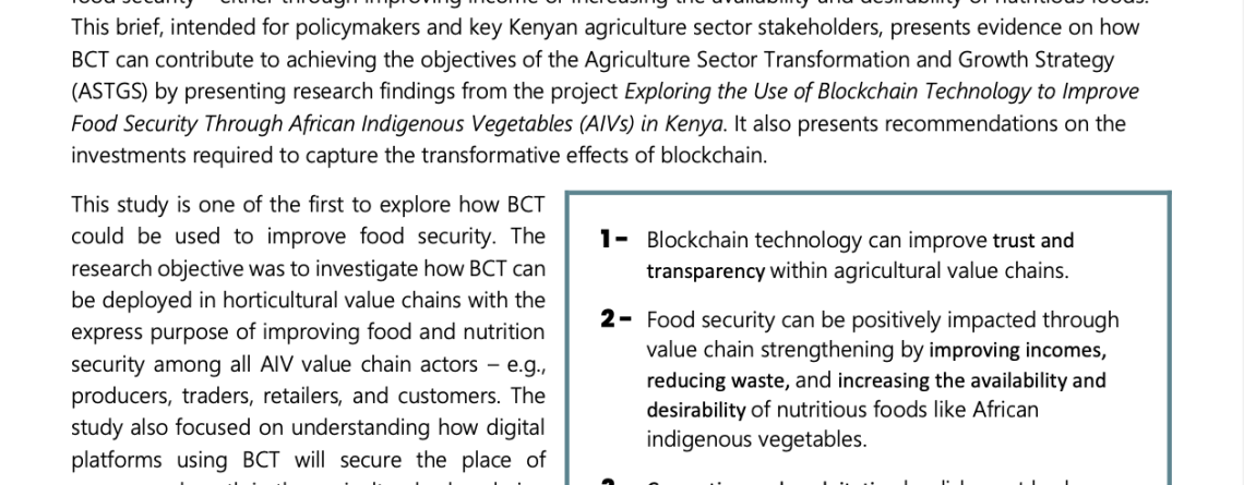 Policy Brief: Research evidence of the impacts of blockchain technology on improving food security through African Indigenous Vegetables in Western Kenya