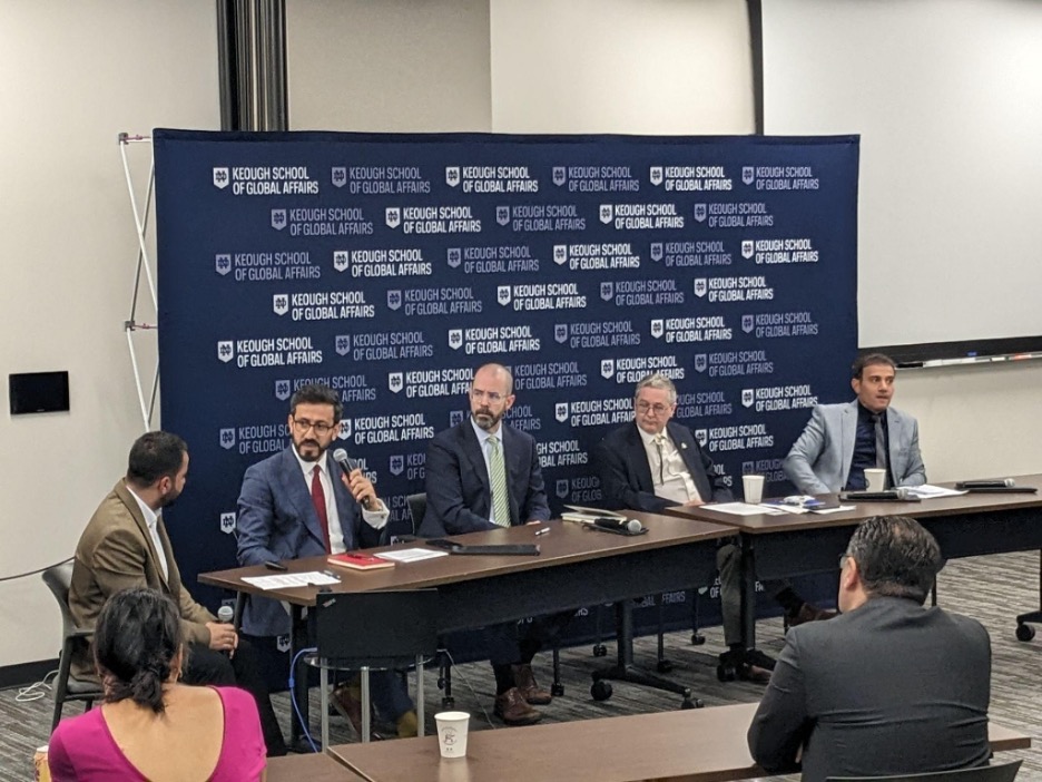 Afternoon Panel, Panelists from the Left:  SIPRI’s Shivan Fazil (holding microphone), Pepperdine’s Program on Global Faith and Inclusive Societies’ Knox Thames, USAID’s Deputy Assistant Administrator Henry Bader, and University of Duhok’s Omran Omer Ali. Photo Credit: Project Team.